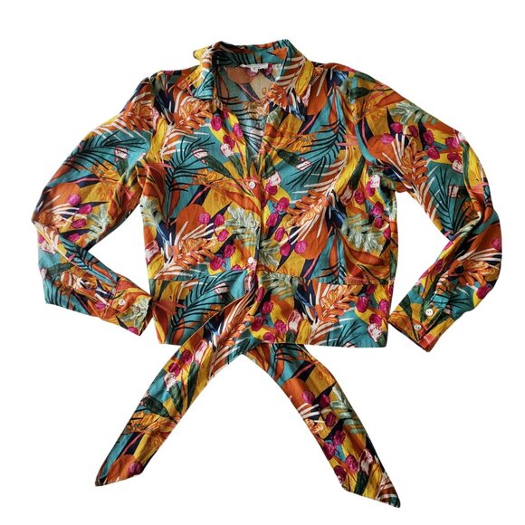 Panama Jack Tropical Print Linen Blend Long Sleeve Tie Front Button Down Shirt M - Picture 3 of 14